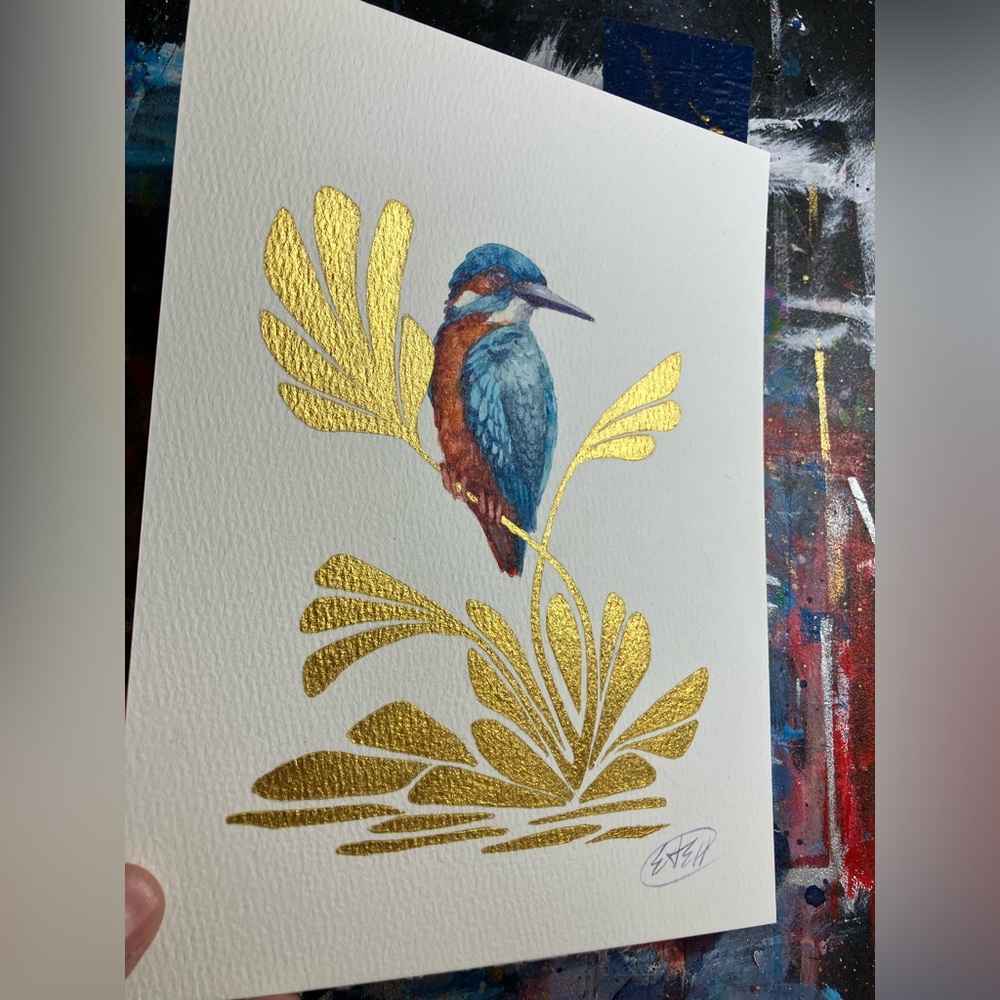 Original Kingfisher Bird Art Watercolor Painting Gold Deco Wall Decor handmade